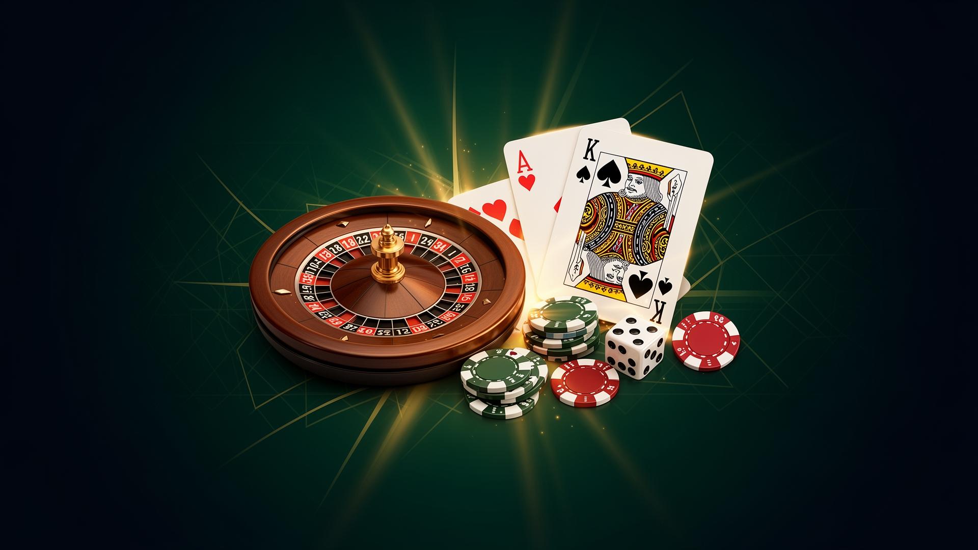 Casino strategy illustration with roulette wheel, cards and chips